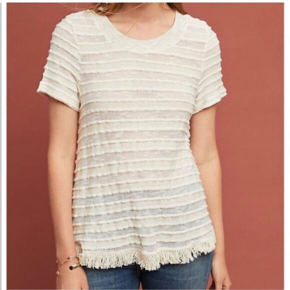 Anthropologie | Anthro Eri + Ali Adia Ivory Fringed Sweater Short Sleeve Boho S - Picture 1 of 9